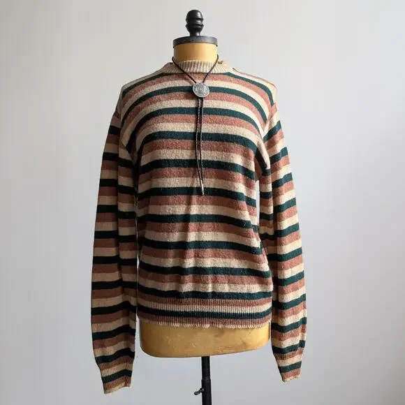Vintage Striped Wool Knit Sweater Oversize Grandpa Sweater Crewneck Top Medium - Picture 2 of 6
